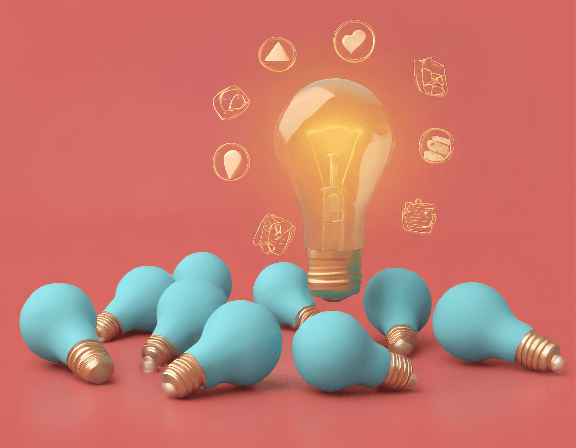 Light bulbs with one glowing idea bulb